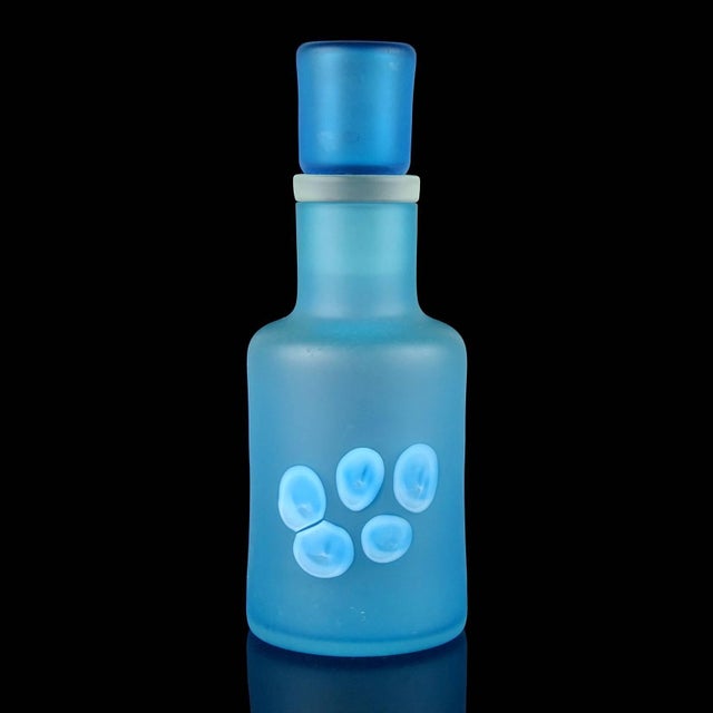 Beautiful and rare, vintage Murano hand blown blue satin glass surface and cut murrines Italian art glass bottle /...