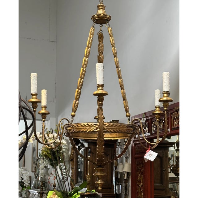 Wood Milano Italian Six Arm Giltwood & Gilt-Metal Chandelier by Randy Esada Designs For Sale - Image 7 of 9