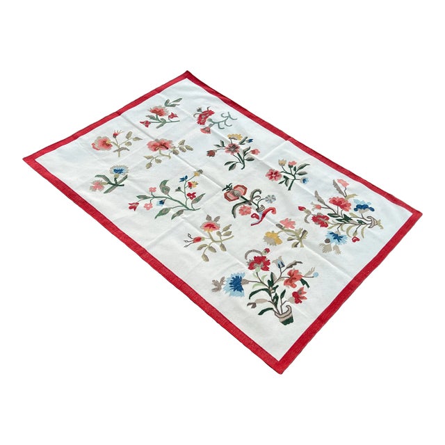 Handmade Cotton Flower Patterned Rug Cream With Blue Green Beige & Red Border -9'x12' For Sale
