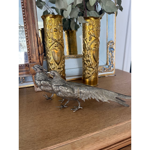 Pair of Antique French Silvered Metal Pheasants, Large-Scale Decorative Game Birds For Sale - Image 4 of 5