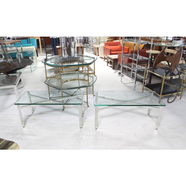 Mid-Century Modern Pair of Rectangular Crome X Base 3/4" Glass Tops Coffee Side End Tables Stands For Sale - Image 3 of 9