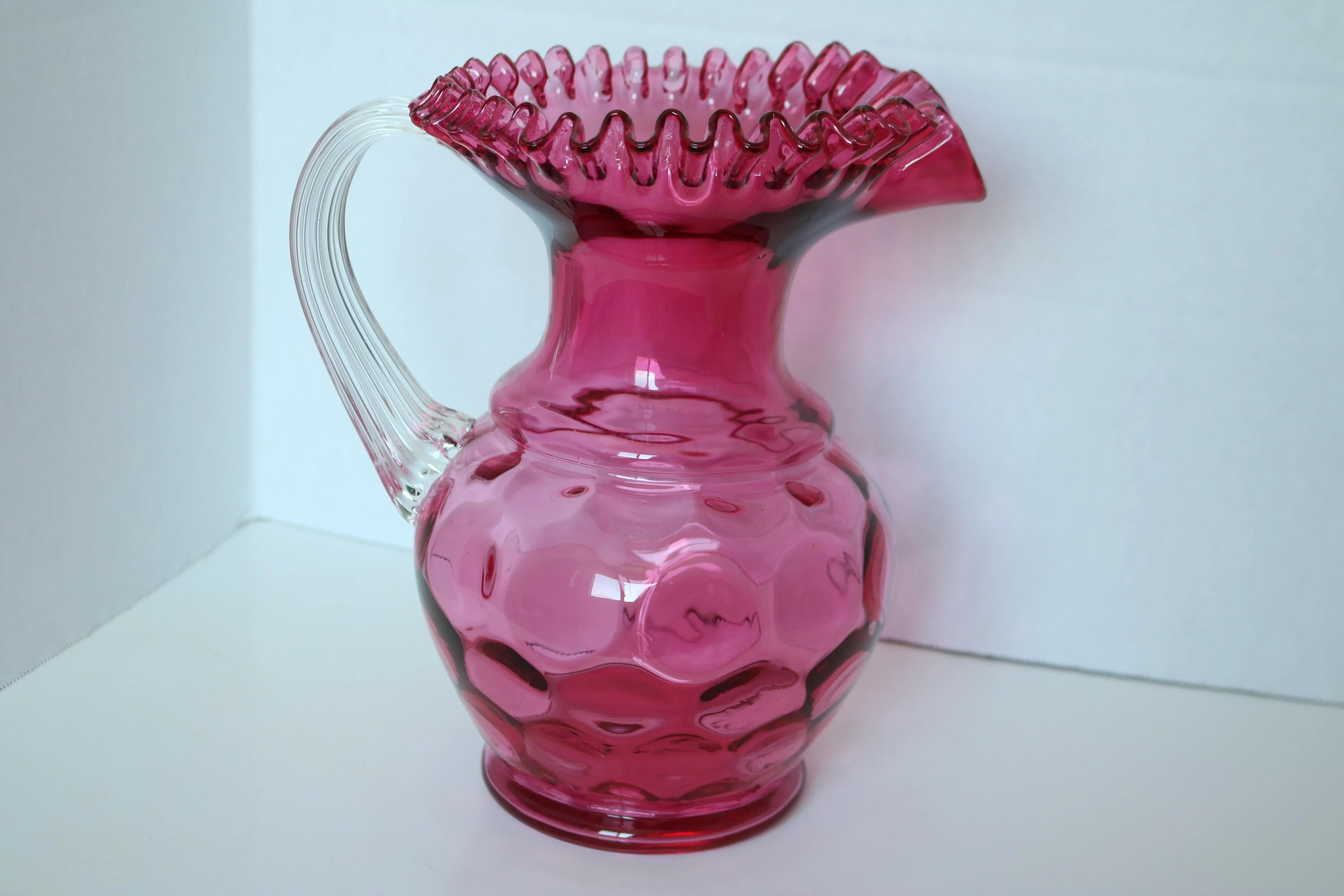 1970s Fenton Cranberry Glass Ruffled Edge Coin Dot Large Pitcher
