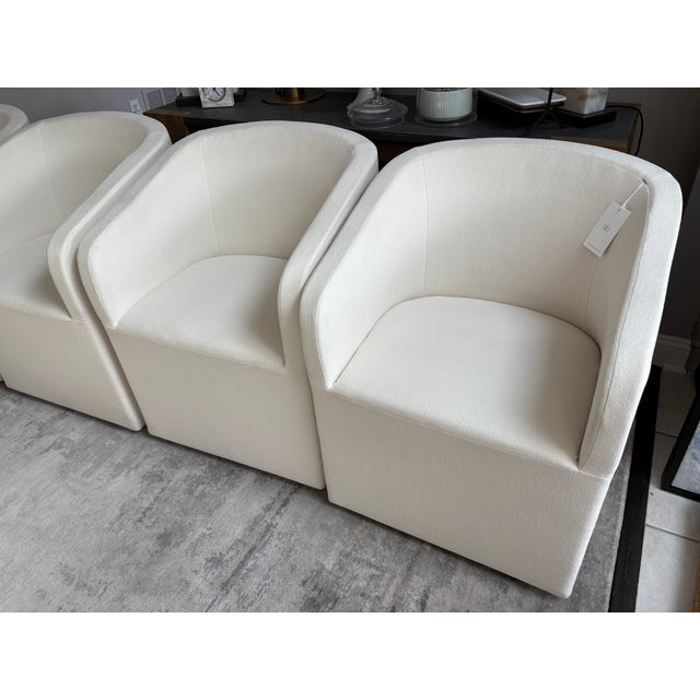 Contemporary Restoration Hardware Ellison Barrelback Slope Arm Dining Chairs – Set of 4 Performance Linen Weave in Natural | Recessed Casters For Sale - Image 3 of 9