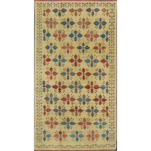 Mid 20th Century Vintage Turkish Sub-Geometric All-Over Floral Oushak in Yellow, Red, and Blue For Sale - Image 9 of 9