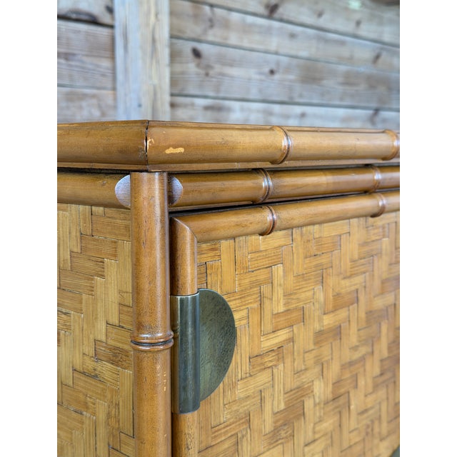 Vintage Boho Coastal Dixie Campaign Style Faux Bamboo Sideboard With Herringbone Panels For Sale In Naples, FL - Image 6 of 12
