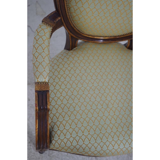 Wood Set of 8 American Made Vintage Louis XVI Round-Back Dining Chairs With Pastel Blue and Gold Fabric by Nancy Corzine Furniture For Sale - Image 7 of 13