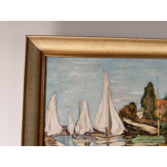 1960's Marie Hendrich Ozon " Yacht Races at Argenteuil " Oil on Canvas Painting After Monet Sold For Sale - Image 4 of 12