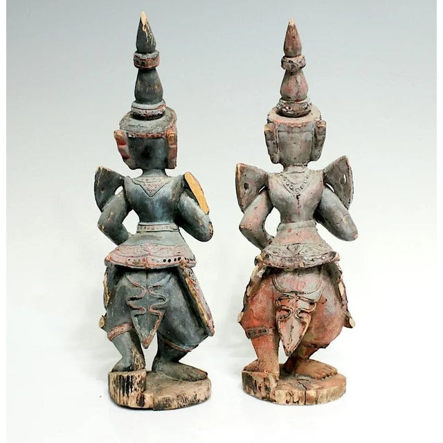 Antique Wood Teppanom / Guardian Thai Angels, Statues or Figures - A Pair 18" For Sale - Image 4 of 10