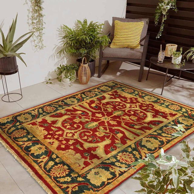 2000 - 2009 Red Color Fine Hand Knotted Agra 4' X 5'8'' For Sale - Image 5 of 5