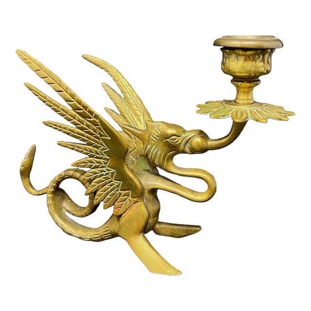 Vintage Brass Griffin Dragon Candlestick – Gothic Medieval Candle Holder, Dark Academia / Vamp Romantic Decor For Sale