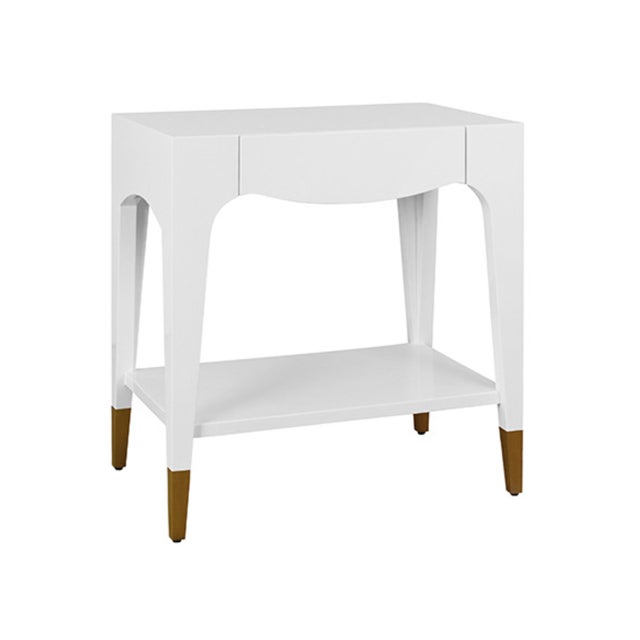Matthew Izzo Home Ronny Glossy White Lacquer One Drawer Side Table With Antique Brass Foot Caps For Sale In New York - Image 6 of 7