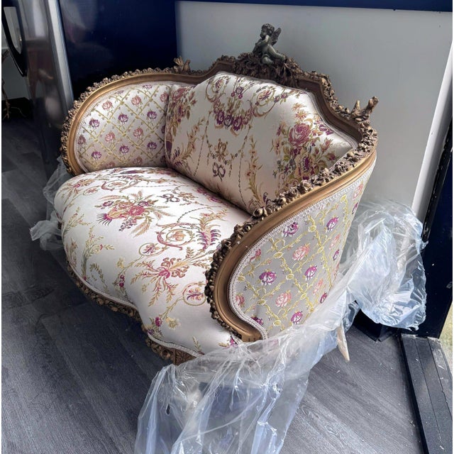 Baroque 1990s French Baroque Style Beige Sofa – Gold Leaf Details For Sale - Image 3 of 14