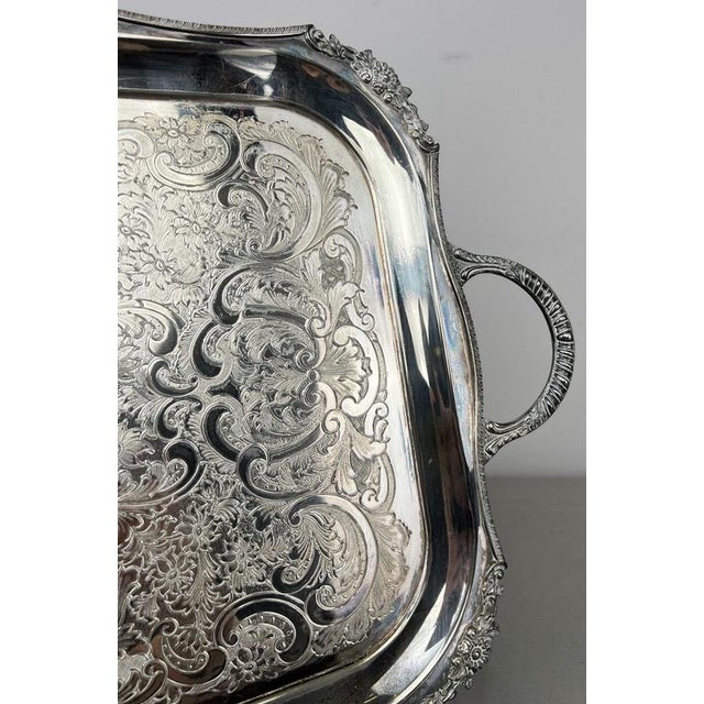 Vintage English Ornate Engraved Metal Twin Handle Tray For Sale - Image 11 of 18