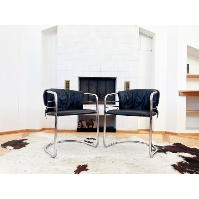1980s Pair of Postmodern Italian Leather and Polished Chrome Accent Sling Chairs For Sale - Image 12 of 12