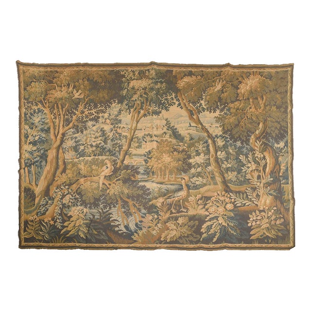 French Verdure Tapestry, Woodland Landscape With Birds and Distant Château For Sale