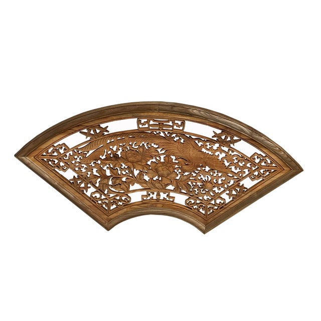 Chinese Fan Shape Phoenix Flowers Wood Wall Hanging Panel For Sale - Image 4 of 6