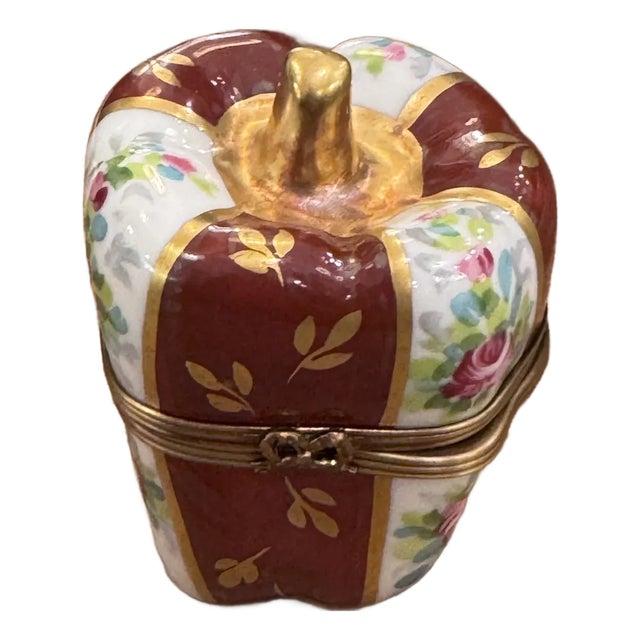 Limoges Red Bell Pepper With Floral Panels Trinket Box by La Gloriette For Sale