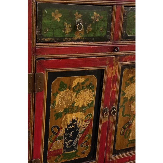Chinese Painted Vintage Elm Hall Cabinet. Wonderful vintage Chinese hand painted cabinet in solid Elmwood with original...