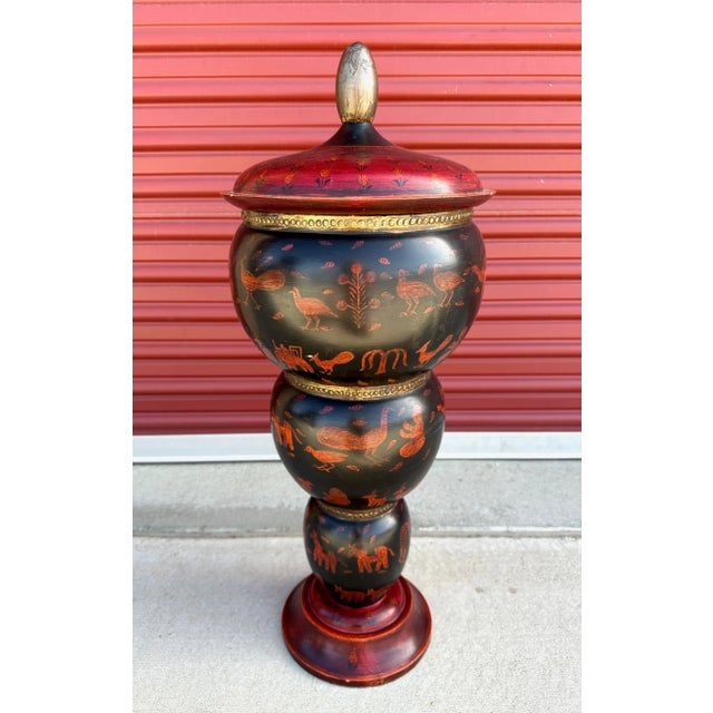 Maroon Hand Painted Wood Urn Decor For Sale - Image 8 of 8