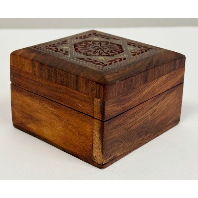 Vintage Brass Inlay Hinged Wood Trinket Box For Sale - Image 4 of 8