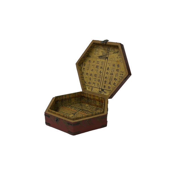 Oriental Hexagonal Red Color Lohans Monks Drawing Accent Box For Sale - Image 4 of 7