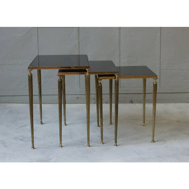 Set of Black Glass and Brass Nesting Tables in the Style of Maison Jansen For Sale - Image 4 of 11