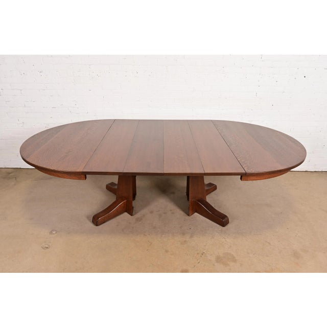 Brown Limbert Antique Mission Oak Arts & Crafts Pedestal Extension Dining Table, Newly Refinished For Sale - Image 8 of 14