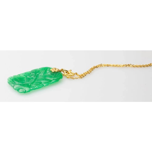 24k Gold Necklace With Green Carved Glass Pendant For Sale - Image 4 of 5