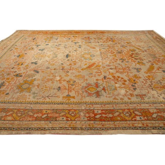 Late 19th Century Antique Turkish Oushak Handmade Orange Floral Motif Wool Rug For Sale - Image 5 of 10