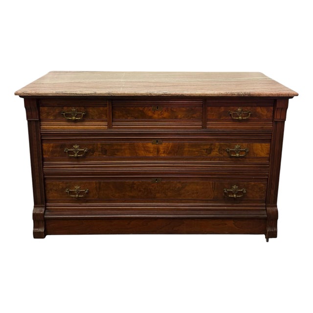 Antique Eastlake Style Walnut & Burl Wood Travertine Marble Top Chest of Drawers For Sale