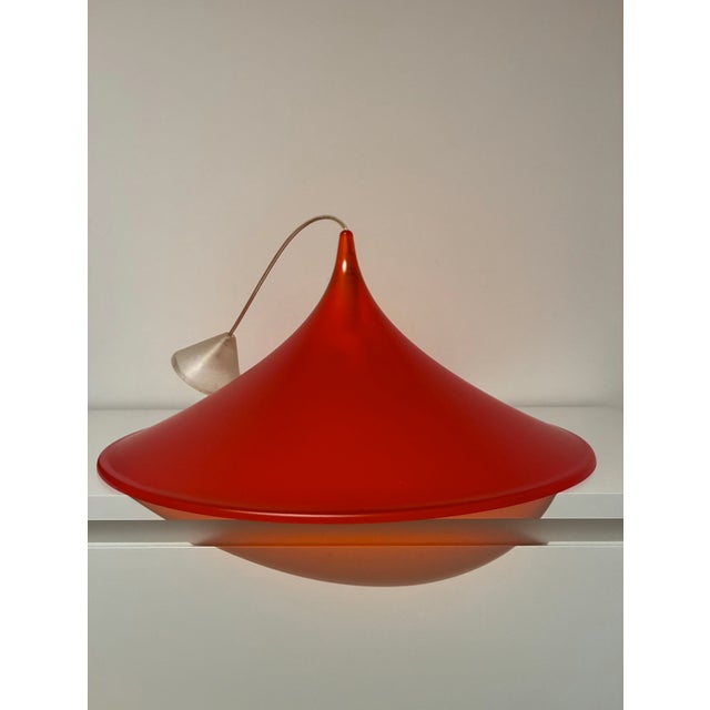 An elegant pair of large conical pendant lamps produced by art plex di marchetto giorgio, an artisanal lighting workshop...