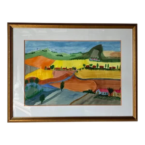 1980's Boruca Countryside Farmland Landscape Impressionist Colorful Watercolor Painting, Framed