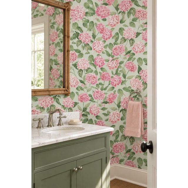 Traditional Hydrangea Blooms Floral Grasscloth Wallpaper by House Party | Gatsby Pink | 8 Yards For Sale - Image 3 of 10