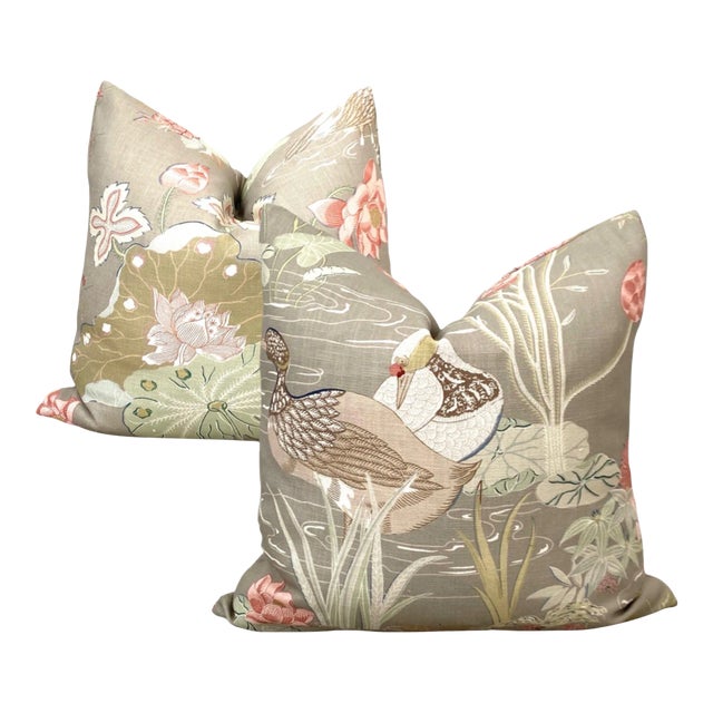 Lily Pads & Waterfowl Asian Motif Pillows - a Pair For Sale