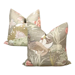 Lily Pads & Waterfowl Asian Motif Pillows - a Pair