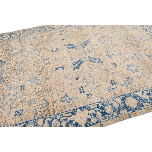 Beige Antique Persian Heriz Beige Handmade Allover Geometric Wool Rug For Sale - Image 8 of 11