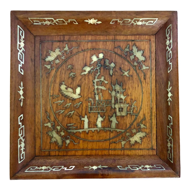 Antique Early 20th Century Asian Solid Wood With Ivory Inlaid Carvings