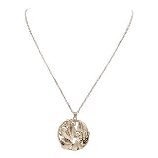 Art Deco Necklace with Amulet, Floral Hearts and Grapes in 800 Silver, 1920s For Sale