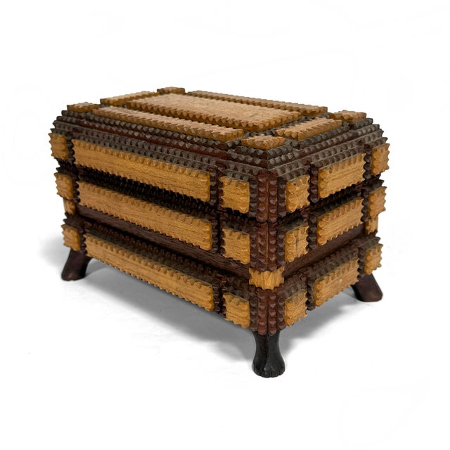Antique Footed Two-Tone Tramp Art Jewelry Box With Mirror For Sale - Image 4 of 10