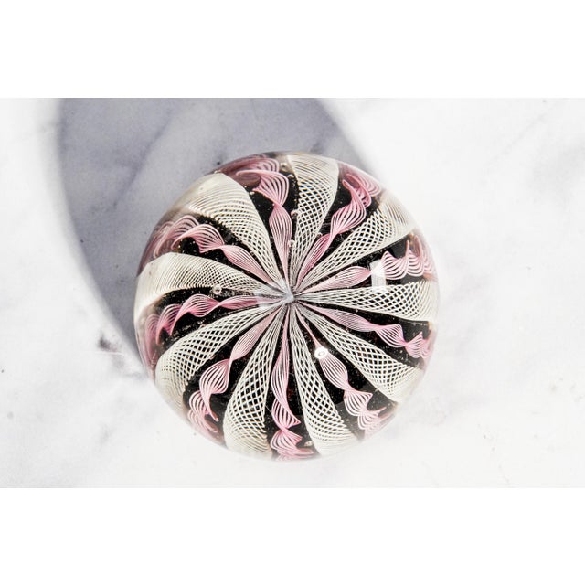 Lovely Vintage Murano Italy Fratelli Toso Latticino Ribbon Glass Paperweight Pink White Blue Art Glass Home Decor For Sale - Image 4 of 9