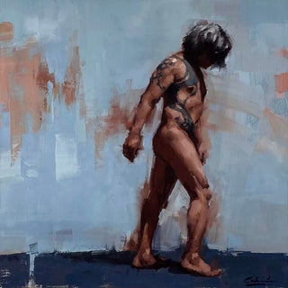 The Wanderer by Calvin Lai | Oil on canvas and wood panel figure of a person walking. For Sale