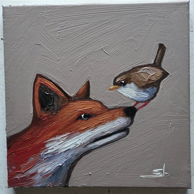 Impressionist Red Fox and Wren Bird Oil Painting by Vivek Mandalia For Sale - Image 3 of 3