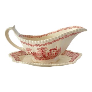 1950s Adams Mazara Red Pink Transferware Gravy Boat & Attached Underplate For Sale