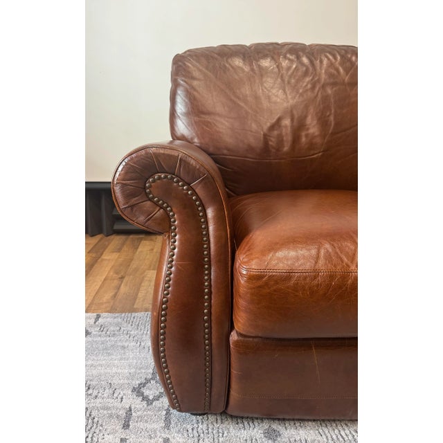 Rustic Vintage Traditional Chocolate Brown Leather Club Chair Recliner With Brass Nailhead Trim For Sale - Image 3 of 16