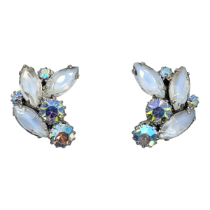 Vintage 1960s Signed Weiss Givre & Blue Aurora Borealis Clip Earrings-2 Pieces