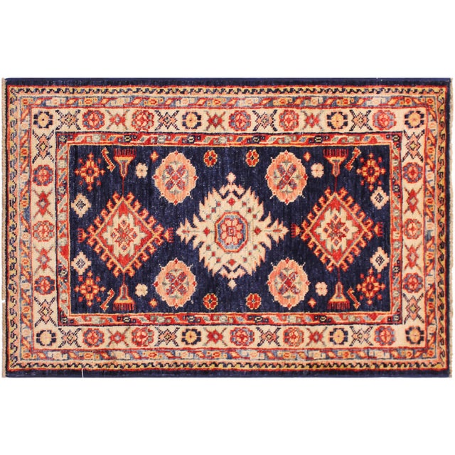 Bohemian Super Kazak Blue/Beige Wool Rug - 2'1'' X 3'2'' For Sale - Image 9 of 10