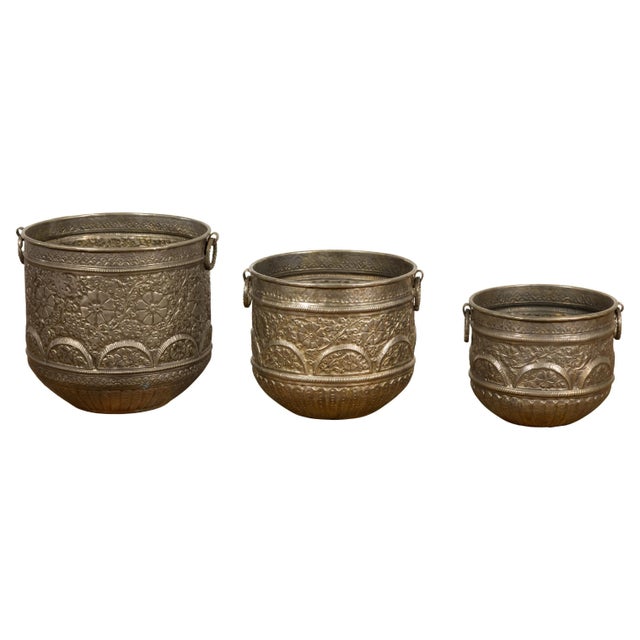 Vintage Indian Nested Silver over Brass Vessels with Repoussé Floral Décor - Set of 3 For Sale - Image 13 of 13