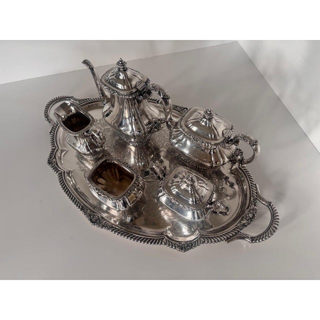 Traditional Gorham "Shell & Gadroon" Silverplate 6-Piece Tea & Coffee Service With Footed Tray For Sale - Image 3 of 14