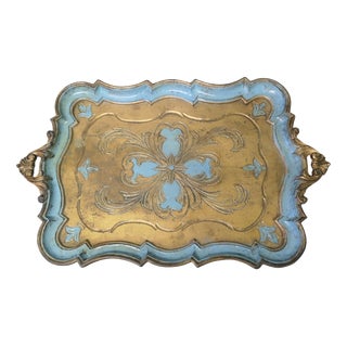 Decorative Carved Gold and Blue Painted Italian Sideboard Tray, 1960 For Sale
