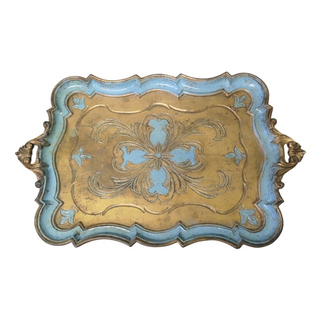 Decorative Carved Gold and Blue Painted Italian Sideboard Tray, 1960 For Sale